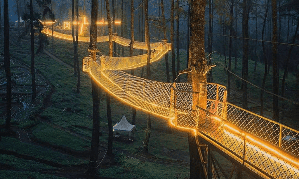 Ponte iluminada em floresta da Indonésia parece ter saído de um sonho