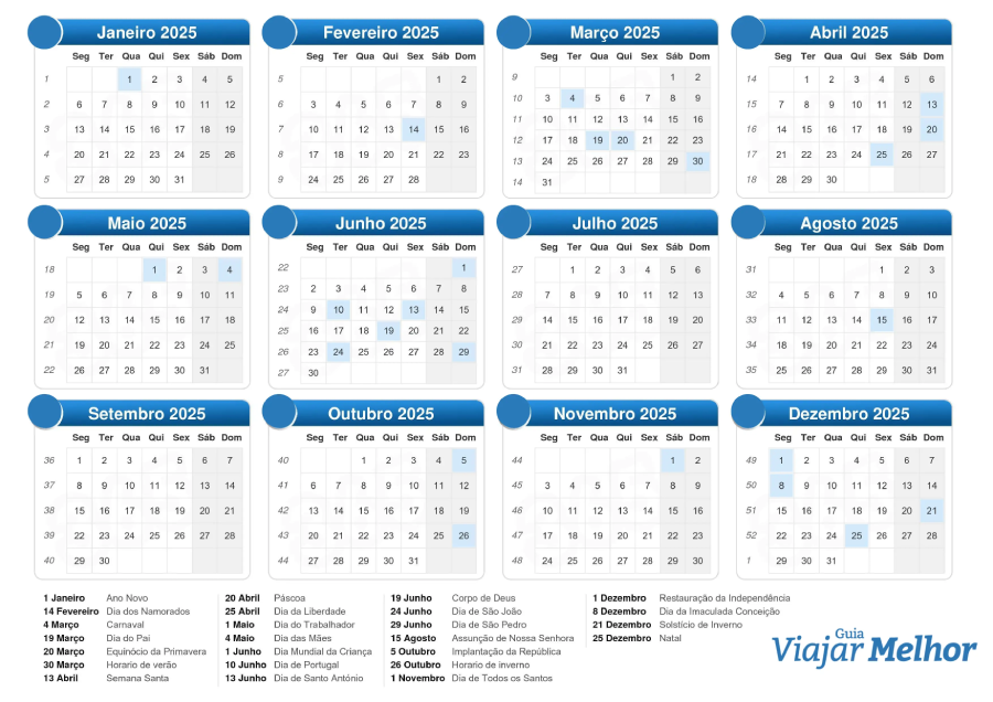 Calendário com feriados nacionais 2025